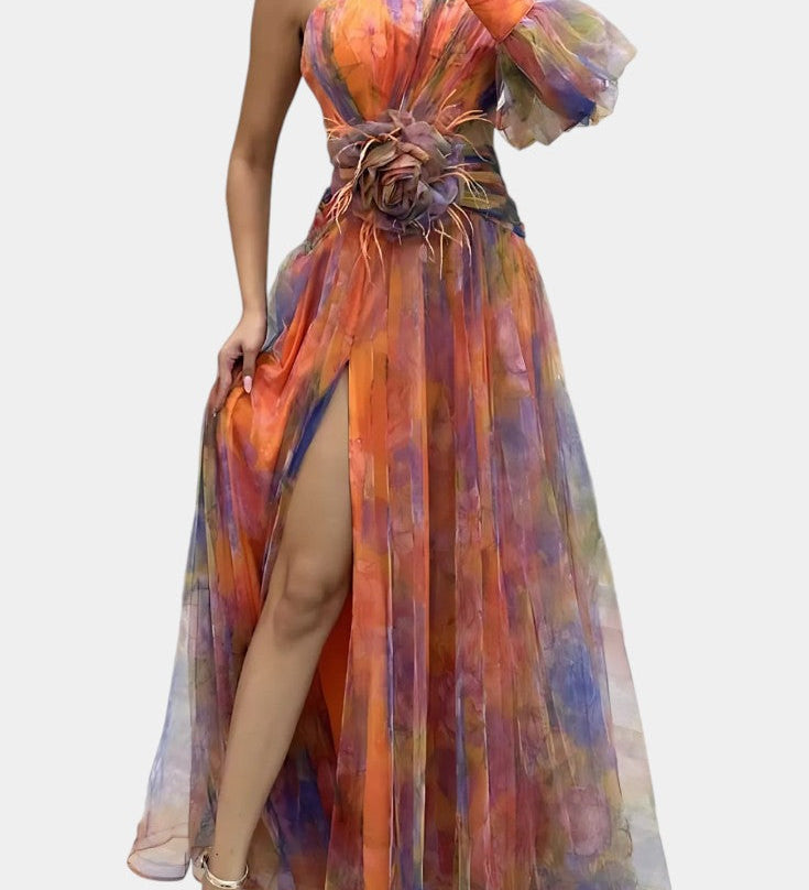 Петя - Асиметрична Макси Рокля с Едно Рамо и Артистичен Узор