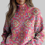 Силвия - Ретро етнически флорален пуловер с висока яка