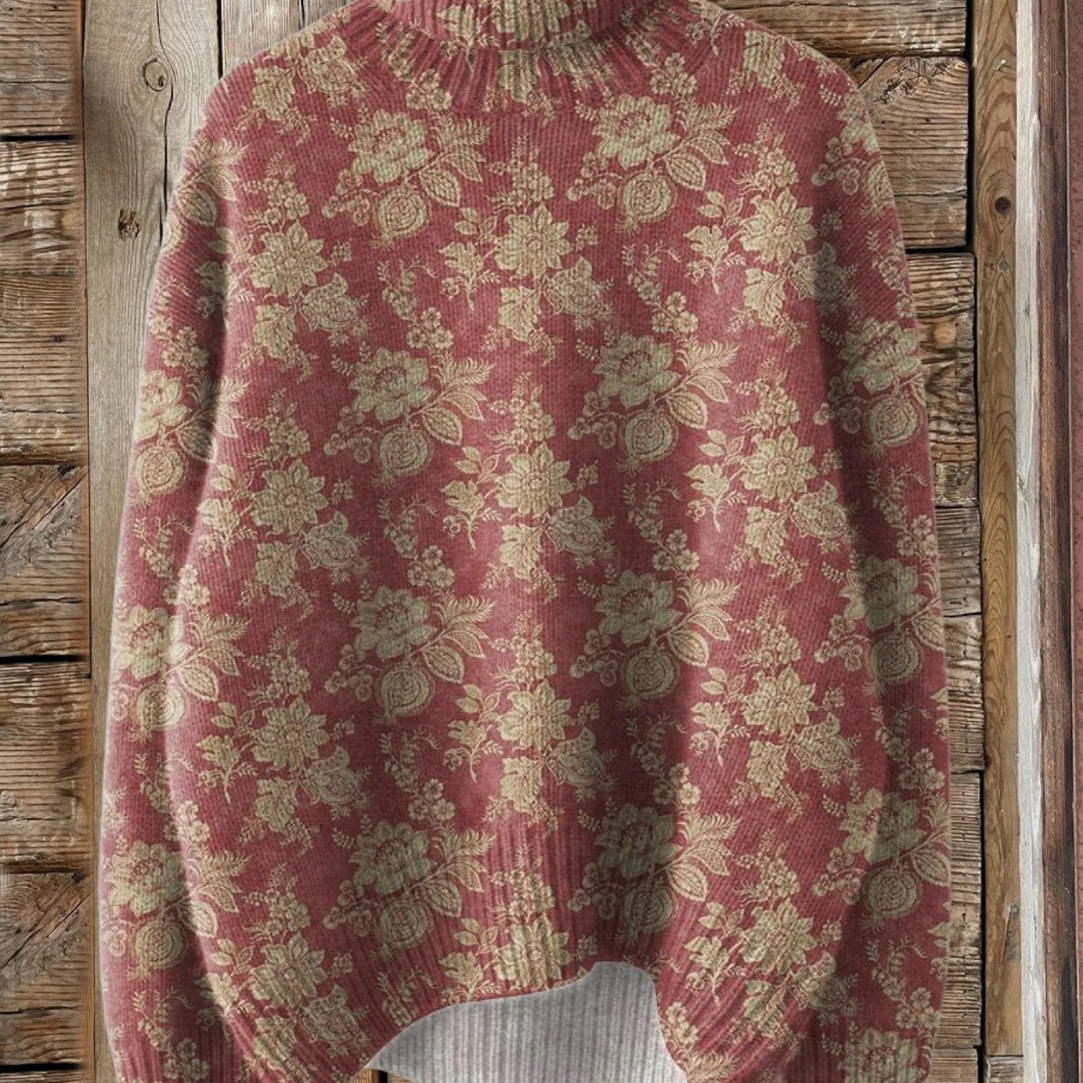 Гергана - Ретро розов печатен пуловер с висока яка