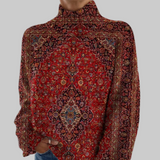 Александра - Винтидж арт принт пуловер с висока яка