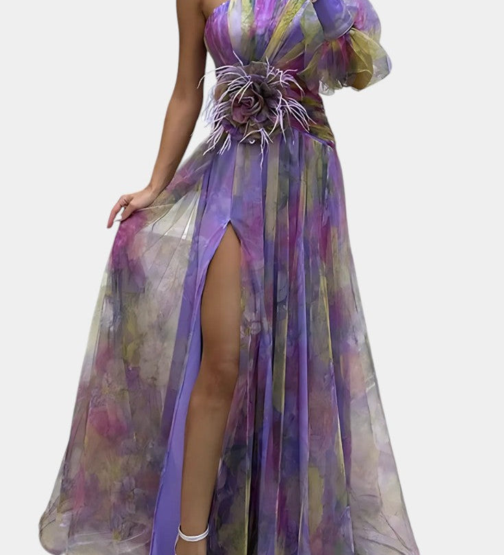 Петя - Асиметрична Макси Рокля с Едно Рамо и Артистичен Узор