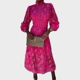 Надежда - Чипкана рокля с обемни ръкави и висока яка