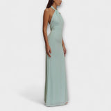 Десислава - Дълга рокля с връзки около врата и сатенена текстура