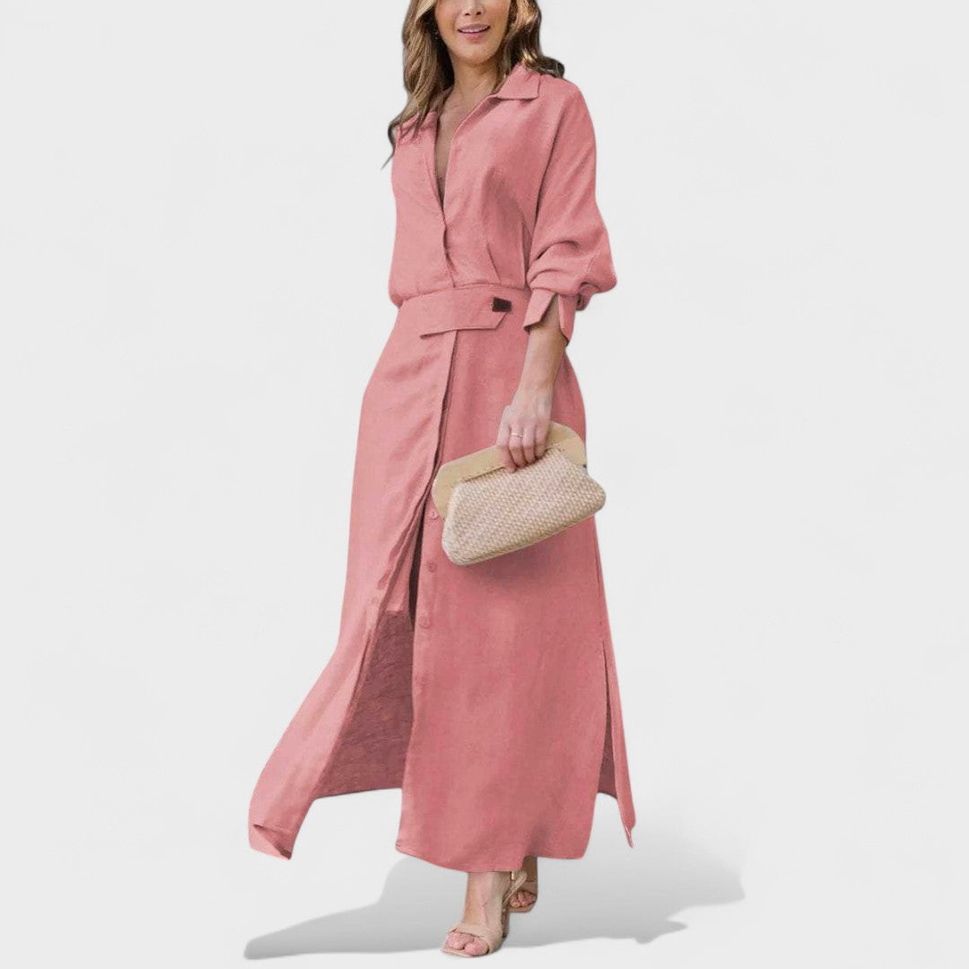 Гергана - Елегантна дълга рокля с V-образно деколте