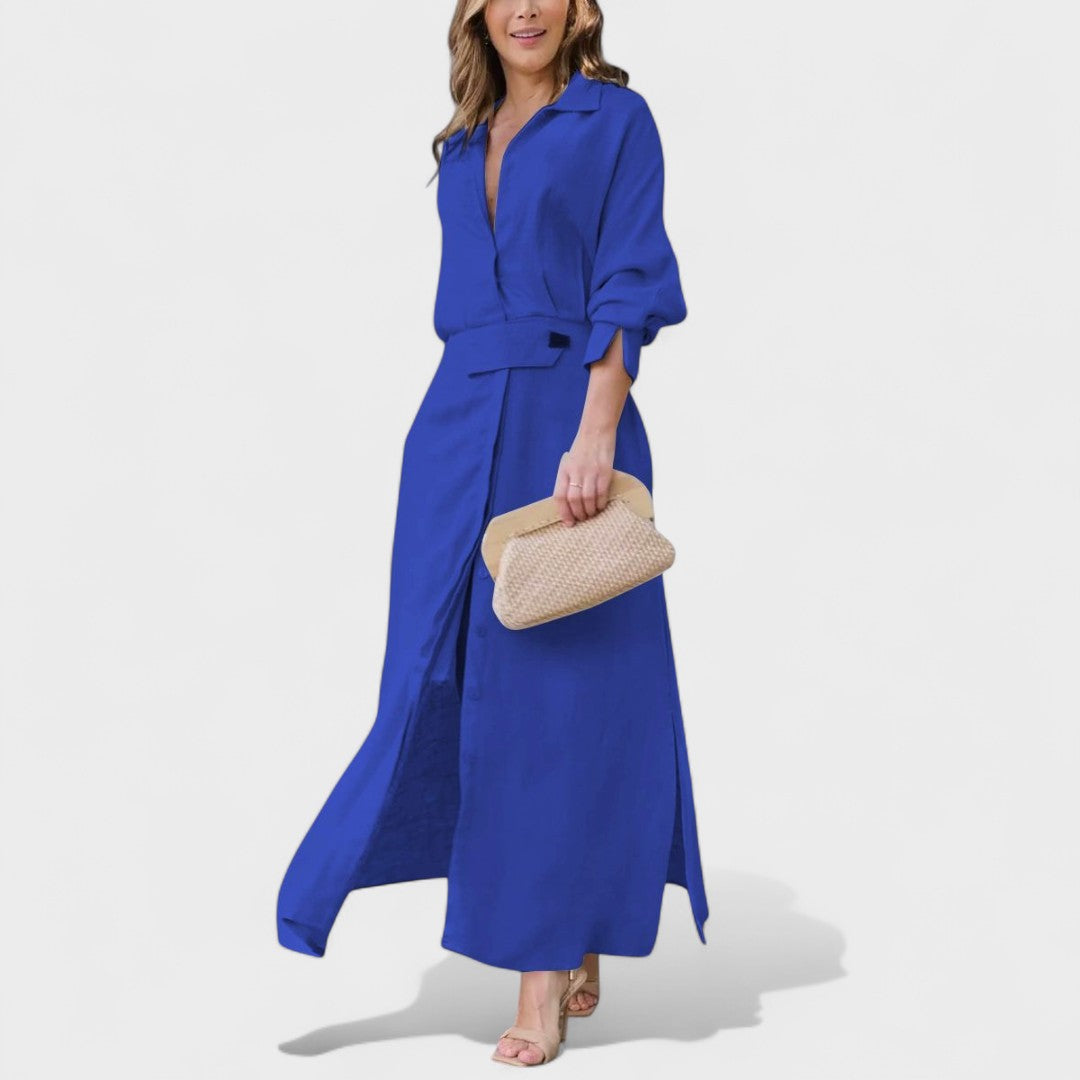 Гергана - Елегантна дълга рокля с V-образно деколте