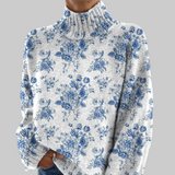 Даниела - Син цвят на цветето пуловер с висока яка