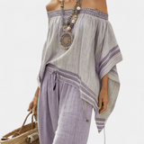 Десислава - Бамбукова блузка с райета, с открити рамена и широки панталони за елегантен и свеж стил