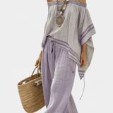 Десислава - Бамбукова блузка с райета, с открити рамена и широки панталони за елегантен и свеж стил