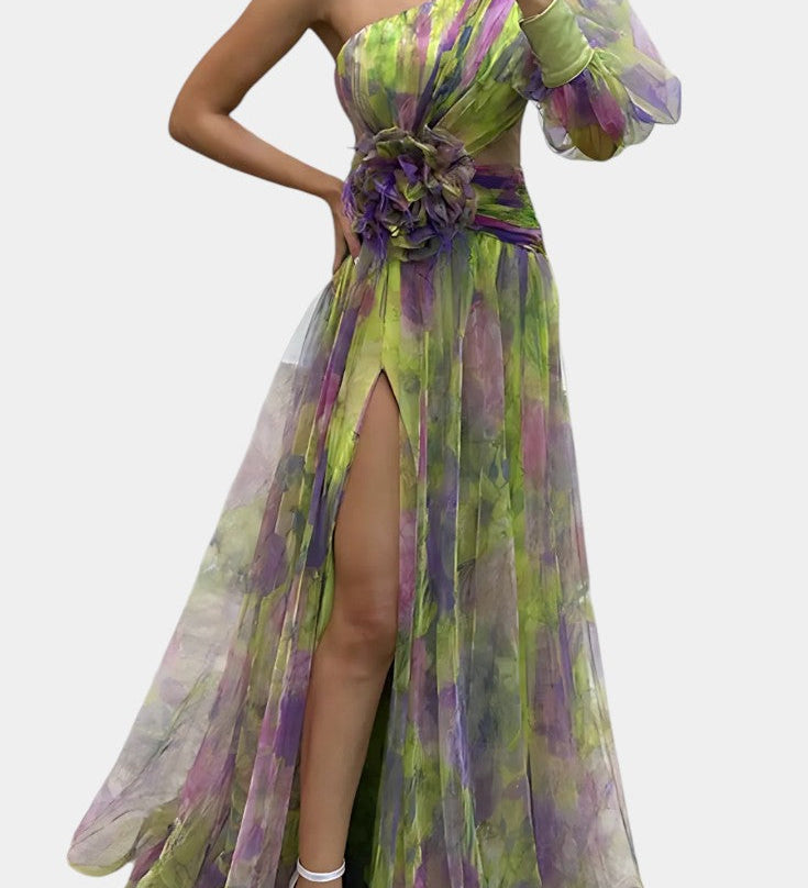 Петя - Асиметрична Макси Рокля с Едно Рамо и Артистичен Узор