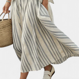 Радостина - Цялостен комплект Daisy с Oversize тениска и миди пола с райета от лен и бамбук за елегантен и удобен стил