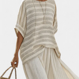 Елена - Комплект от ленен бамбук Дейзи с елегантна райета тениска и летящи панталони за модерен и удобен стил