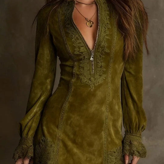 Лилия - Мини суедово рокля Aurora с дантела