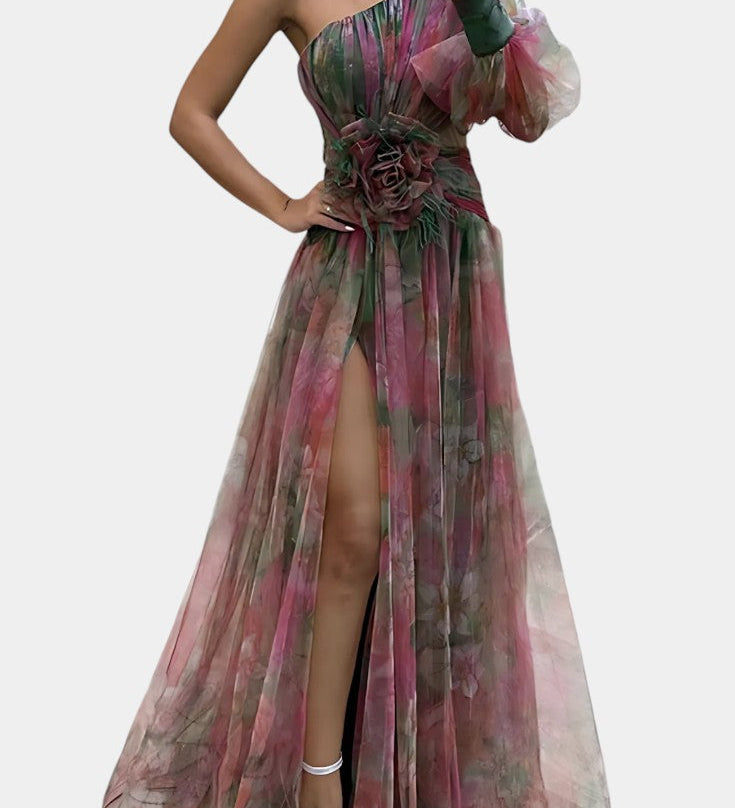 Петя - Асиметрична Макси Рокля с Едно Рамо и Артистичен Узор