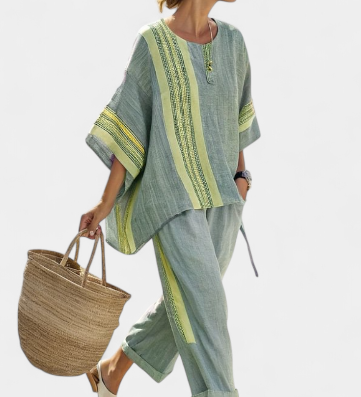 Яна - Комплект от ленен бамбук с очарователна лавандула и детайли в жълти ивици