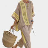 Яна - Комплект от ленен бамбук с очарователна лавандула и детайли в жълти ивици