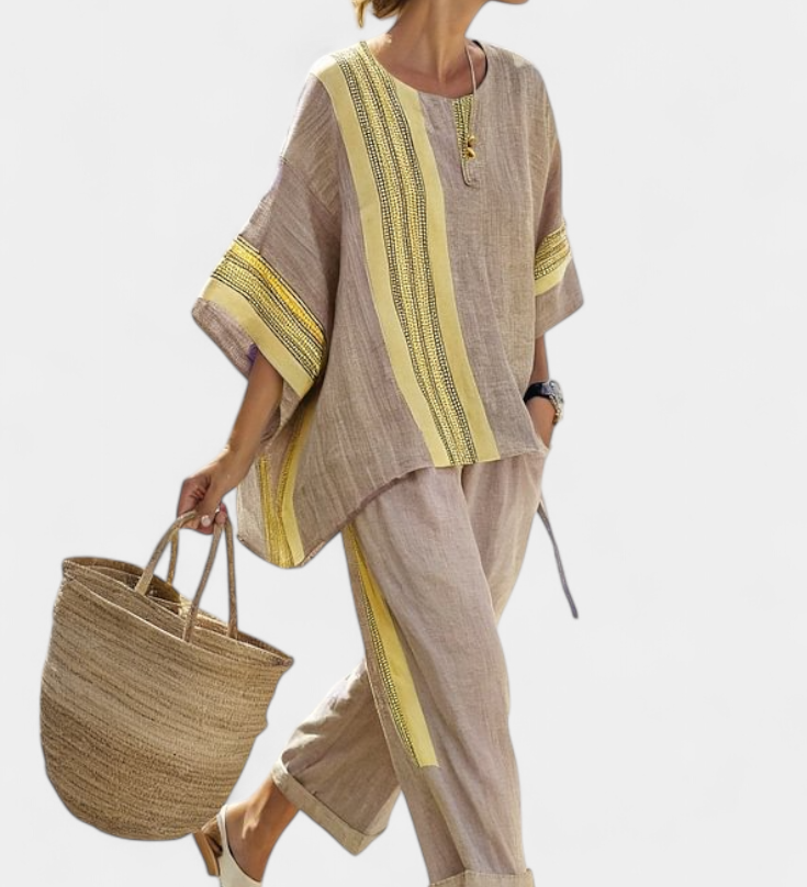 Яна - Комплект от ленен бамбук с очарователна лавандула и детайли в жълти ивици