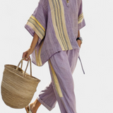 Яна - Комплект от ленен бамбук с очарователна лавандула и детайли в жълти ивици