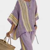 Яна - Комплект от ленен бамбук с очарователна лавандула и детайли в жълти ивици