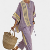 Яна - Комплект от ленен бамбук с очарователна лавандула и детайли в жълти ивици