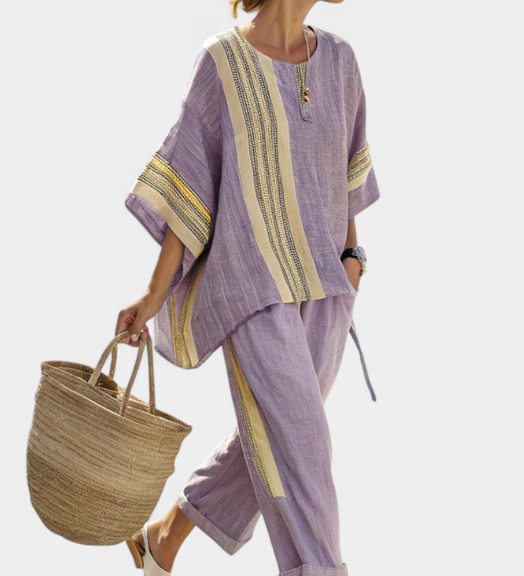 Яна - Комплект от ленен бамбук с очарователна лавандула и детайли в жълти ивици