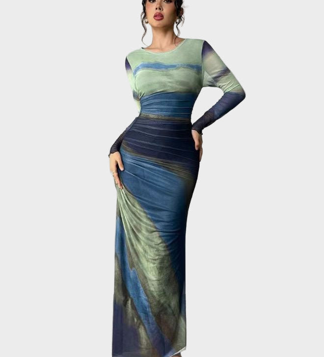 Теодора - Дълга удобна рокля с десен