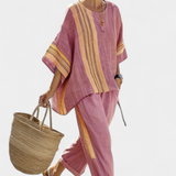 Яна - Комплект от ленен бамбук с очарователна лавандула и детайли в жълти ивици