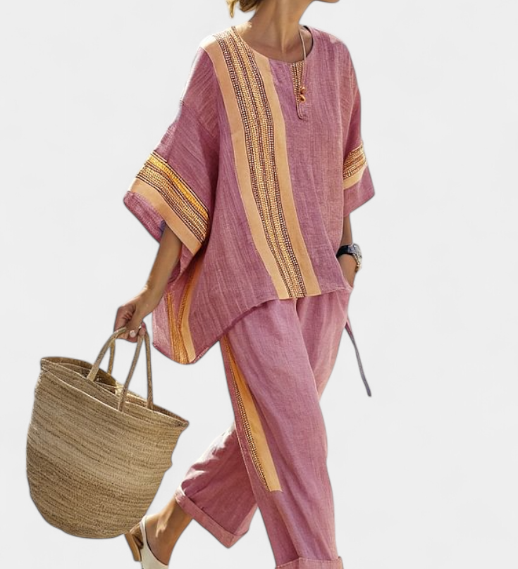 Яна - Комплект от ленен бамбук с очарователна лавандула и детайли в жълти ивици