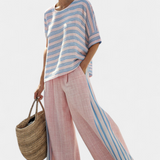 Николета - Комплект от ленен бамбук Дейзи Средиземноморски в нежно розов цвят с елегантни сини ивици