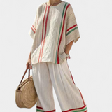 Десислава - Средиземноморски комплект Дейзи от бамбуков лен с елегантни червени и зелени ивици