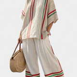 Десислава - Средиземноморски комплект Дейзи от бамбуков лен с елегантни червени и зелени ивици