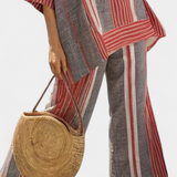 Красимира - Комбинезон Oversize Daisy от ленен материал с ивици в червен коралов и сив цвят, модерен и удобен стил