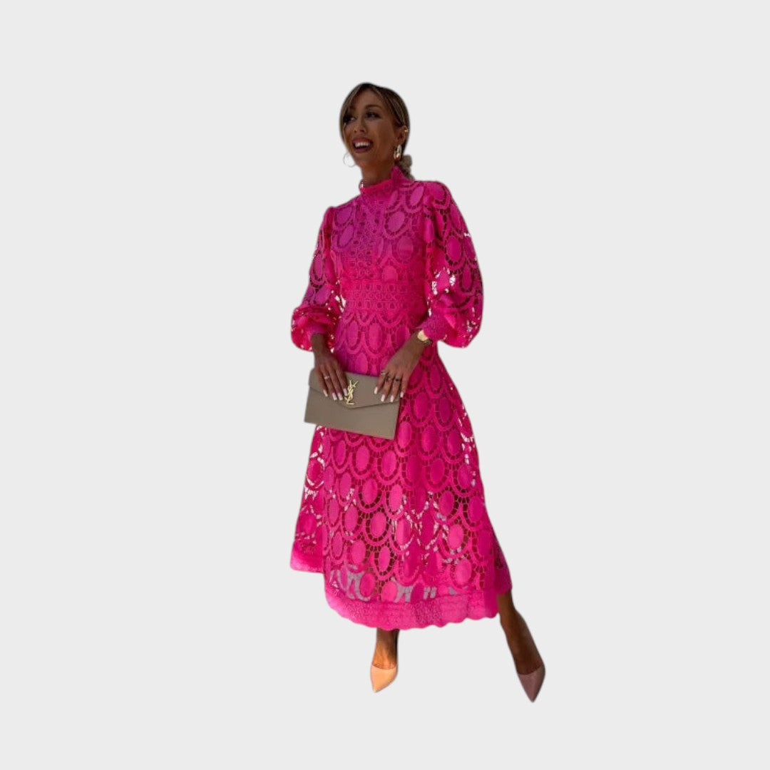 Надежда - Чипкана рокля с обемни ръкави и висока яка