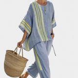 Яна - Комплект от ленен бамбук с очарователна лавандула и детайли в жълти ивици