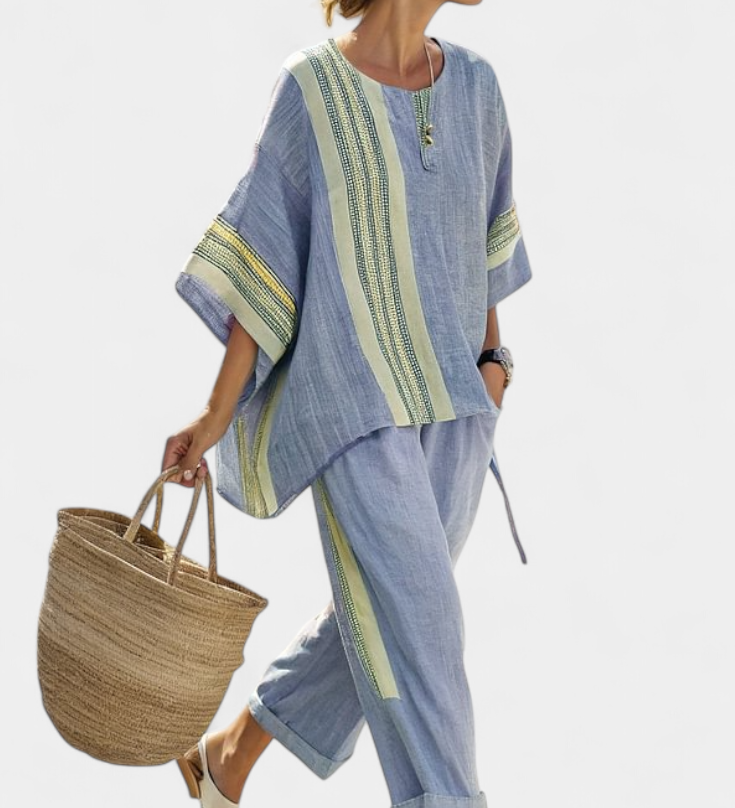 Яна - Комплект от ленен бамбук с очарователна лавандула и детайли в жълти ивици