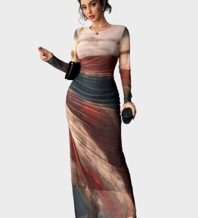 Теодора - Дълга удобна рокля с десен