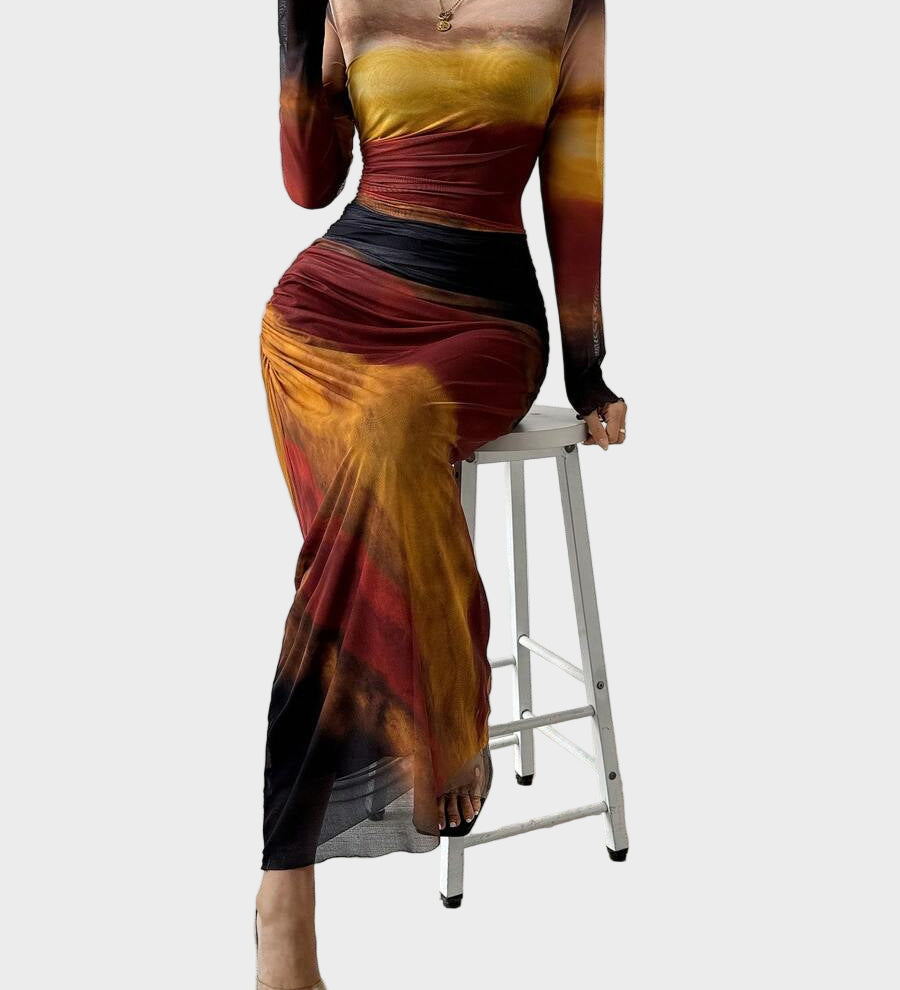 Теодора - Дълга удобна рокля с десен