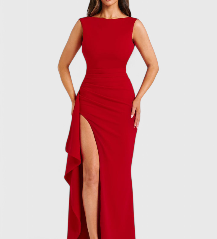 Ралица - Рокля от Сатен с Отворен Гръб и Голям Разрез