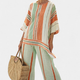 Даниела - Елегантен комплект от лен и бамбук с райета и асиметрична блуза и широки панталони за изтънчен стил