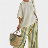 Гергана - Комплект Дейзи от бамбуков лен Средиземно море с маслинени райета за освежаващ и елегантен стил