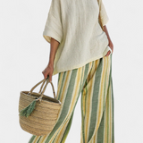 Гергана - Комплект Дейзи от бамбуков лен Средиземно море с маслинени райета за освежаващ и елегантен стил