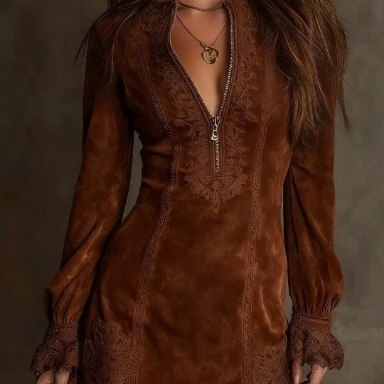 Лилия - Мини суедово рокля Aurora с дантела