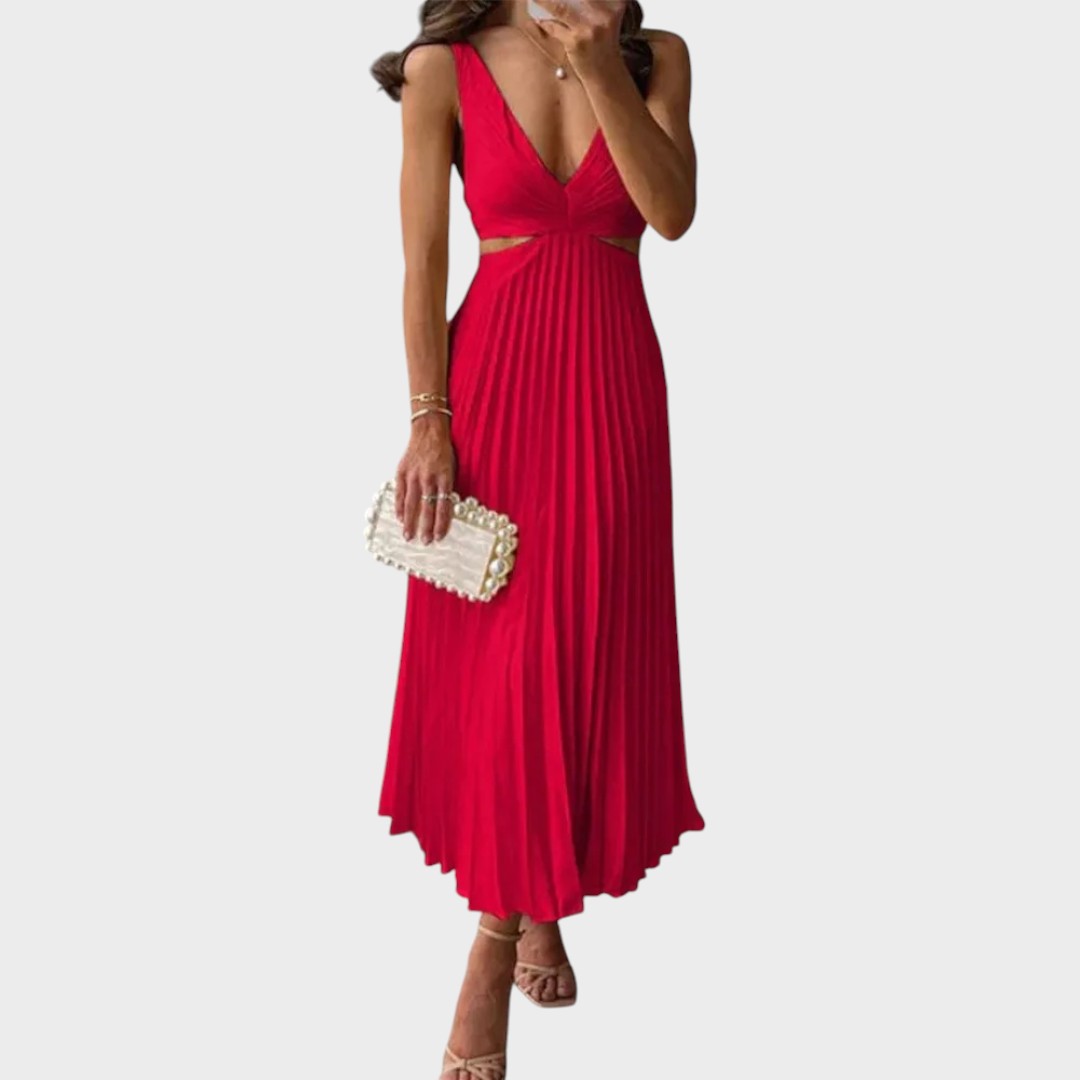 Десислава - Елегантна Рокля с V-образно Деколте и Плисирана Поличка