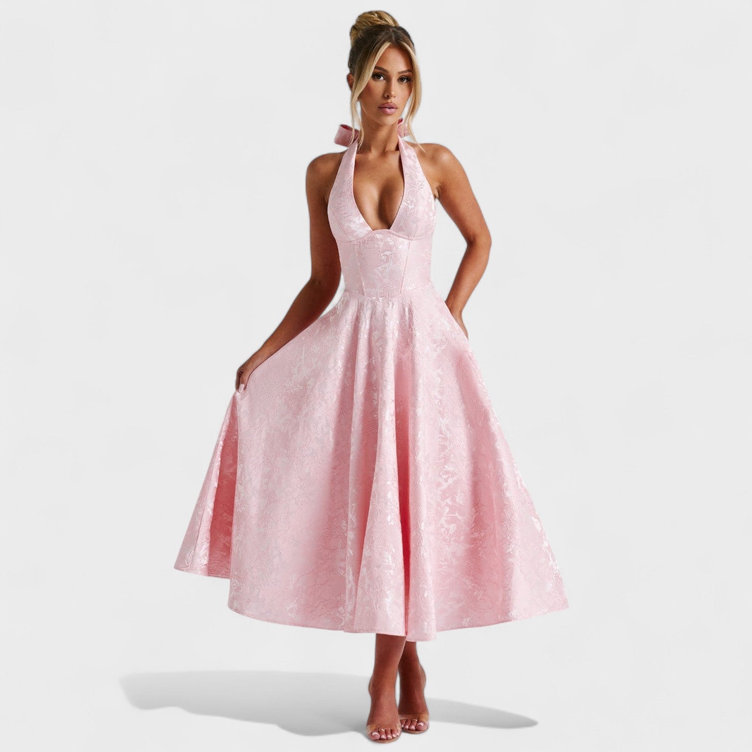 Десислава - Миди рокля с халтер деколте