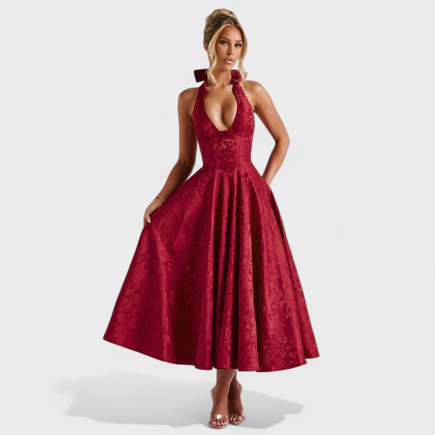 Десислава - Миди рокля с халтер деколте