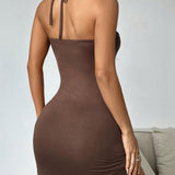 Наталия - Шоколадова Мини Рокля с Връзка около Врата