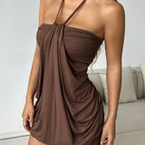 Наталия - Шоколадова Мини Рокля с Връзка около Врата