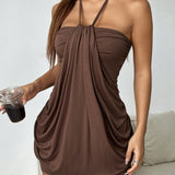 Наталия - Шоколадова Мини Рокля с Връзка около Врата