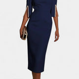 Елена - Миди Рокля с Перлени Детайли и Кръгло Деколте