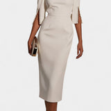 Елена - Миди Рокля с Перлени Детайли и Кръгло Деколте