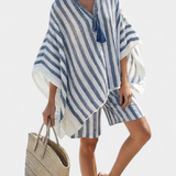 Виолета - Комплект с райе на Нанси с овърсайз тениска и елегантни шорти